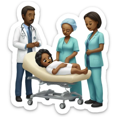 a woman gives birth and doctors stand nearby sticker