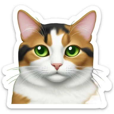Green eyed calico cat lying on green carpet  sticker
