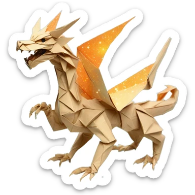 Sparkling patterned Beige Origami dragon with a dried flower crown made of newspapers intricate patterns surrounded by fairy lights nebula galaxy stars swirls iridescent orange cyan yellow sticker