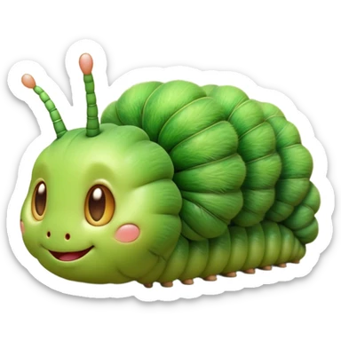 Cinematic Cute Caterpillar Portrait Emoji, Head tilted playfully and inquisitively, featuring a small, fuzzy body with rounded, plump segments, soft, endearing eyes and a charmingly wiggly movement, Simplified yet irresistibly adorable features, highly detailed, glowing with a warm, inviting green glow, high shine, affectionate and lively, stylized with a touch of whimsical woodland charm, soft glowing outline, capturing the essence of a mischievous caterpillar that seems as if it could crawl out of the screen into your arms! sticker