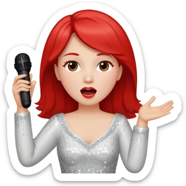 Head turned slightly to the left Singing with open eyes and red cheeks wearing long-sleeved sequined white dress  sticker