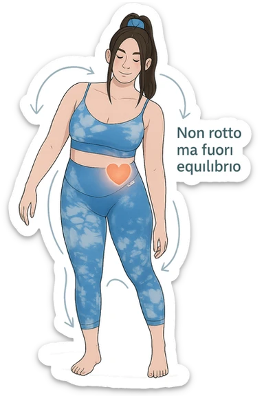 a woman stands in a relaxed pose, with a gentle, confident expression. Her body is shown with subtle, curved lines or arrows indicating areas of imbalance (such as a slight tilt in the shoulders or hips), but no signs of injury or damage. A soft glow or heart symbol at her core emphasizes resilience and the message “Non rotto, ma fuori equilibrio” The background is clean and clinical, with light blue tones. sticker