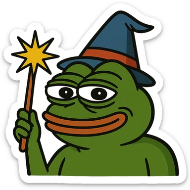 Pepe the Frog meme style with a wizard hat and magic wand, remove background, keep transparent background. sticker