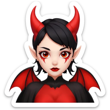 demon girl, skin 100% solid red (no pale/blush), black hair, small horns, pointed ears, bat wing, black open-back dress, bold black outlines, red+black palette sticker