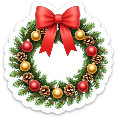 A Christmas wreath made entirely of fir trees, decorated with a single red bow at the bottom, pine cones, and Christmas tree balls. sticker