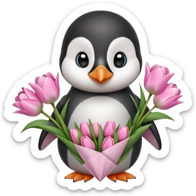 Cute baby penguin holding flower bouquet wraped in white paper and all flowers tulips in pink colour sticker