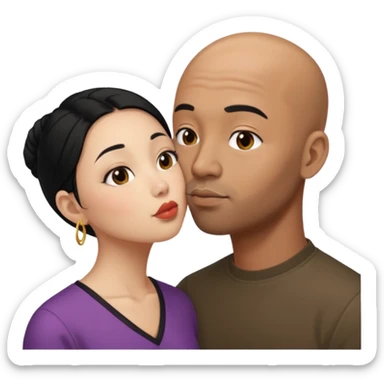 Bald black with small beard deeply kissing a short younger looking asain women with long black hair and nose ring sticker