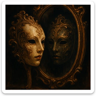 a mask reflected in a mirror, visually striking style, artistic, detailed, dramatic lighting sticker