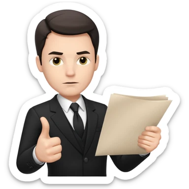 A white man in a black suit stands with a serious face and points at his hand holding papers. sticker