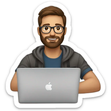 Designer with brown hair,brownd eyes, 30 years old beard and glasses working with MacBook and drinking cappuccino  sticker
