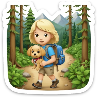 Small blond doodle. Doodle is wearing a puppy sized backpack. Puppy is hiking in th sticker