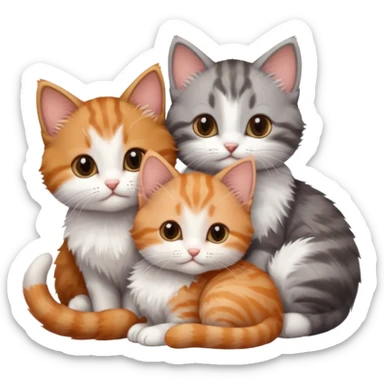 3 very small kittens cuddling together all different colours, the first one is grey and white, the second is ginger and white and the third is brown tabby and white sticker