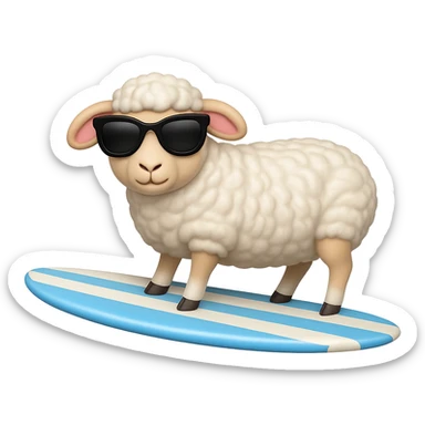 Add cool sunglasses to the sheep while keeping the surfboard and style the same. Remove the background. The style is the original style of the image. sticker