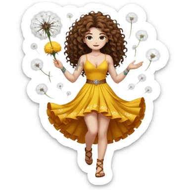 full body woman long curly brown hair brown eyes white skin tattoos muscular build dandelion seed spirit dress made of floating fluff sticker