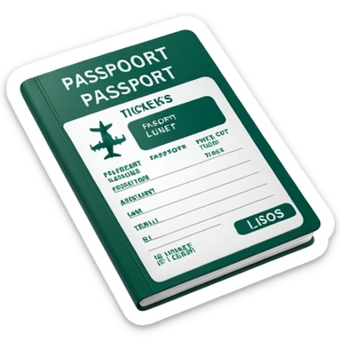 clean white passport with dark green elements and airline tickets sticking out, no emojis, emoji style sticker
