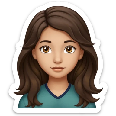 Create a emoji of a girl teen (14 years old) with dark brown hair and a little bit lighter brown in the end of the hair (but mixed) and waves in the hair, very long hair, with MEDIUM FAIR TO OLIVE skin tone, dark brown eyes, perfect nose, long eyelashes sticker