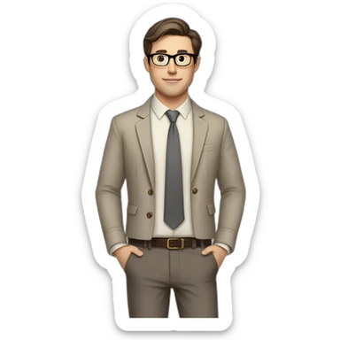 Full height Pale skinned fit man with dark brown hair in gray jacket, beige office shirt, brown tie, brown pants and vintage glasses. His right hand stretched out sticker