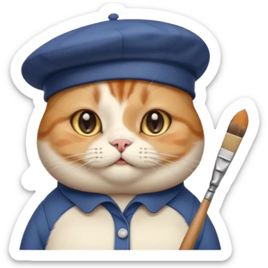 A cute chubby cat that is an artist, full body shown sticker