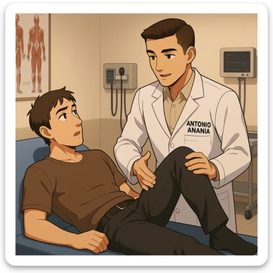 fai un webtoon manga a colori con questo stile, in cui un uomo è steso sul lettino medico e il kinesiologo con il camice bianco (fagli anche la scritta "ANTONIO ANANIA" SUL CAMICE, gli solleva una gamba per fargli il test neuromuscolare, IL KINESIOLOGO SPIEGA ALL'UOMO UNA cosa mentre gli alza la gamba. non fare i fumetti però, fai solo in modo che sembri stiano parlando sticker
