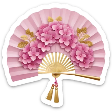 Japanese style pink hydrangea (ajisai) flower arranged like traditional uchiwa fan design, with gold accents, rinpa style pattern background, elegant composition sticker