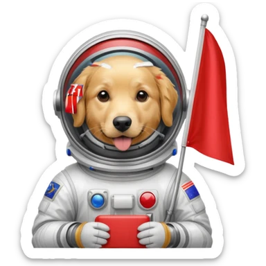 golden retriever body in space suit holding red rectangle flag sticker