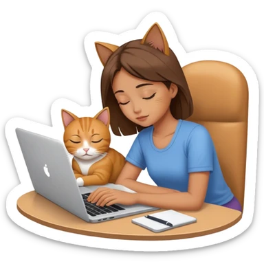A girl is working hard in front of her laptop, and a cat is sleeping next to it sticker