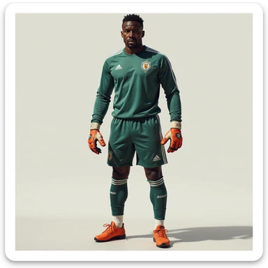 realistic style standing pose of André Onana, football goalkeeper, wearing gloves, confident pose, short hair, dark skin, simple background sticker