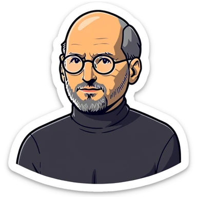 Steve Jobs with black turtleneck, round glasses, beard sticker