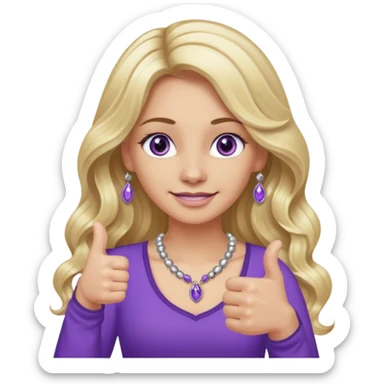 lady with long wavy blonde hair, purple top, коричневыми eyes, thumbs up, с бусами белые и серебром на шее sticker