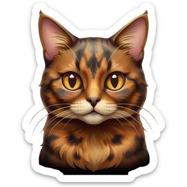 Cinematic Noble Tortoiseshell Cat Portrait Emoji, Poised and dignified, showcasing a luxurious, mottled fur of rich browns and blacks, with elegantly arched whiskers and a determined yet gentle expression, simplified yet meticulously detailed, glowing with a subtle, regal radiance, high shine, embodying quiet nobility and refined charm, soft glowing outline, capturing the essence of a sophisticated tortoiseshell cat exuding quiet authority! sticker