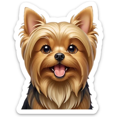Cinematic Cute Yawning Yorkshire Terrier Portrait Emoji, Head tilted with a playful, drowsy expression and droopy, adorable eyes, featuring a soft, well-groomed fur in rich hues, simplified yet irresistibly endearing, highly detailed, glowing with a warm, cozy radiance, high shine, exuding a relaxed yet spunky charm, styled with a gentle, soft glowing outline, capturing the essence of a Yorkshire Terrier mid-yawn that seems as if it could cuddle right off the screen! sticker