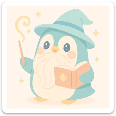 chubby penguin wizard casting a spell, with a long beard and a mystical book sticker