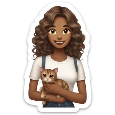 "Young woman with medium brown skin tone, long wavy hair, big sparkling eyes, a radiant smile, wearing a stylish outfit, holding a cute cat, and looking very beautiful and adorable." sticker