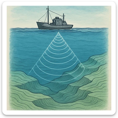 Hydroacoustic map showing radio waves from a ship on the water surface scanning down to the seabed sticker