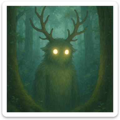 forest spirit with glowing eyes in ghibli style, mystical, ethereal, soft lighting sticker