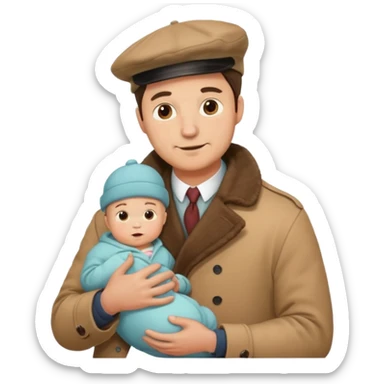 a mustache dad wearing vintage clothes with vintage coat holding his baby  sticker