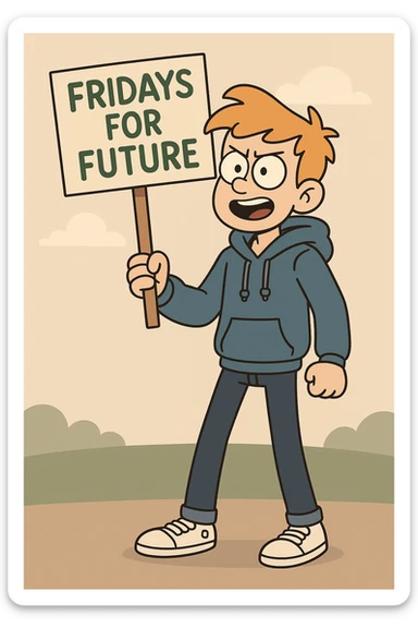  Fridays for Future a boy Yellow Orange hair blue jackets hoodie dark blue jeans white shoe  sticker