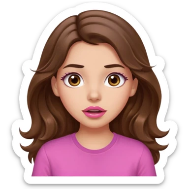 girl with long wavy brown hair, brown eyes, light to medium complexion, in a pink shirt, pink lips, long lashes, surprised, wow sticker