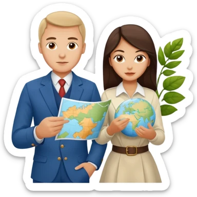 Russian man and elegant turkish girl in cute outfits with a map planning plants sticker