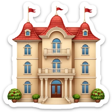 Apple-style 3D emoji of a large traditional mansion, with multiple windows, a big entrance door, red tiled roof, cream-colored walls, decorative balcony details, cartoonish but elegant design, no background. sticker