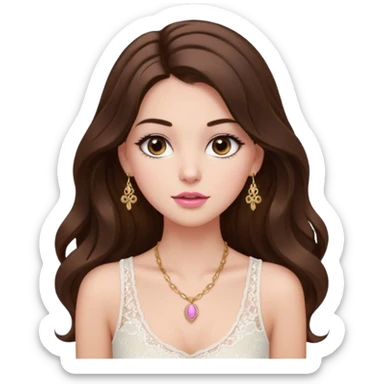 fair-skinned girl with dark brown, slim shaped eyes and long lashes. long, brown hair styled in a voluminous, wavy blowout. wearing a delicate white lace tank top and a dainty gold necklace, plump pink lips. sticker