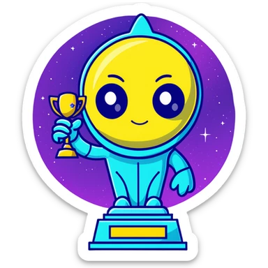 Alien award trophy with aurora-like cosmic colors, deep space purples and blues, gleaming with stardust sticker