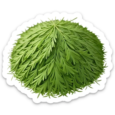 loose sprinkle of fine, feathery green herb flakes, dry airy texture, muted earthy green tones, delicate thread-like pieces, unevenly scattered, evoking dried dill leaves, soft lighting, subtle shadows, emoji scale sticker
