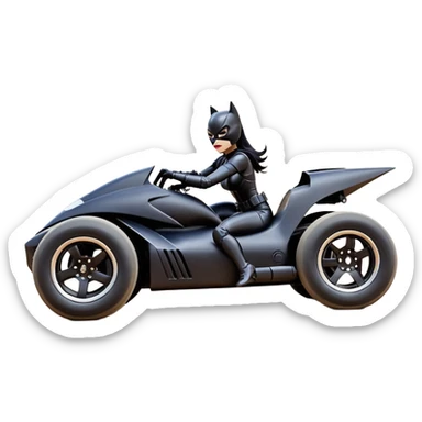 Rc toy with aerodynamic sexy fenders on Catwoman’s buxom attractive armored midnight-colored tight outfit from tv series style dark knight movie stealthy accurate sporty safe deluxe off-road fast pursuit prototype concept car (black hair, sitting back but driving aggressively) secret rally car sticker