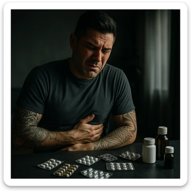 A man with a distressed expression, gently holding his right side below the ribs as if uncomfortable. On a table around him are scattered blister packs, small unlabeled bottles, and containers. The lighting is moody and soft, suggesting a reflective or concerning moment. Render in cinematic realism style with subdued colors and an emotional tone. sticker