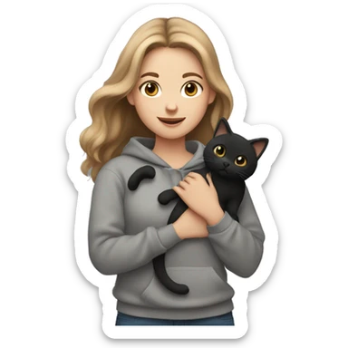 girl with light brown hair and a grey sweatshirt holding a fluffy black cat sticker