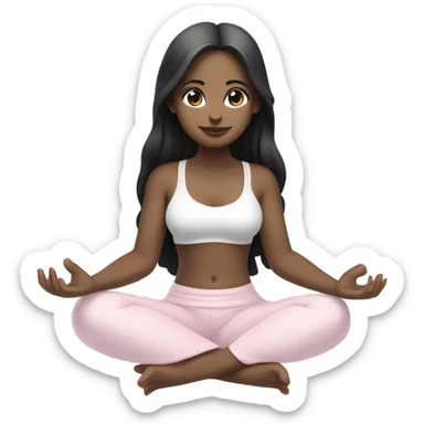 Girl with black long hair and white skin and brown eyes, meditates in a relaxed lotus position in a comfortable monochrome white bra top and monochrome pink short skirt sticker