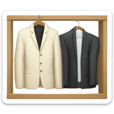 Design an emoji-style icon of an open wardrobe with clothes hanging inside. Include details like a wooden frame, hangers, and only black or white different clothing items such as shirts or any other clothing . Use a clean and minimalistic design. sticker
