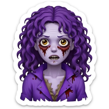 Zombie woman with curly, dark brown long hair (not thick or voluminous) wearing a ruined purple outfit.  sticker