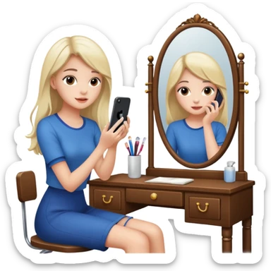 Girl sitting at vanity taking out picture with iphone 15 plus and study materials on the vanity sticker